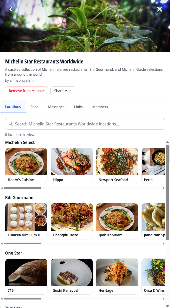 A map's detail view: cover photo, description, and tabs for Locations, Feed, Messages, Links and Members.